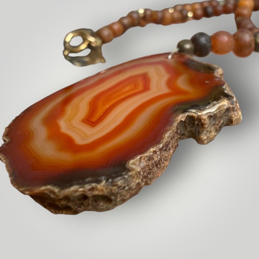 Vintage Natural Agate Slice Pendant Necklace Wood Beads 1/20 14K GF 15 inch - Picture 5 of 11
